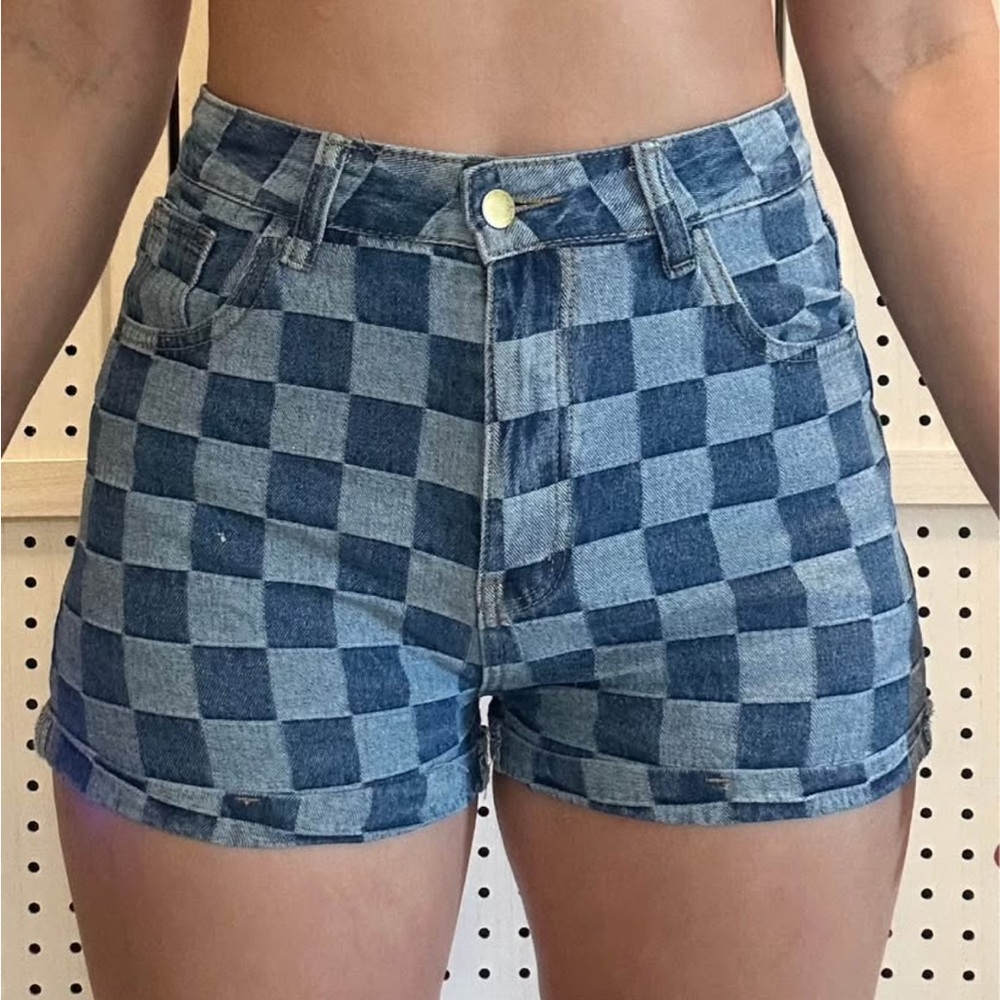 SHEIN Blue Jean Shorts with Checkered Design